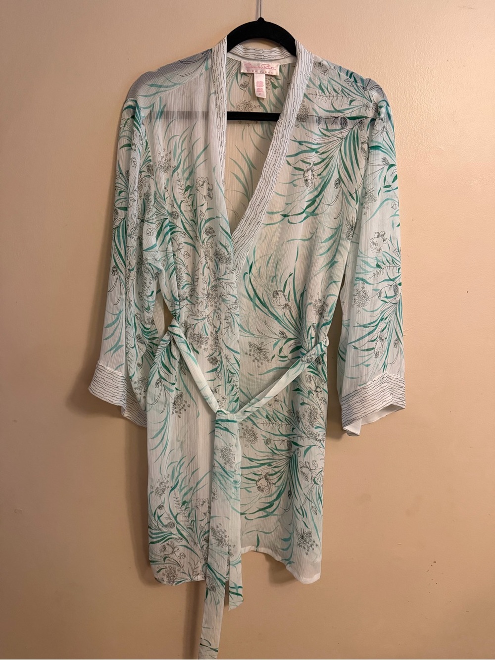 Oscar de la Renta Sheer Floral Wrap Robe in Mint Green and White